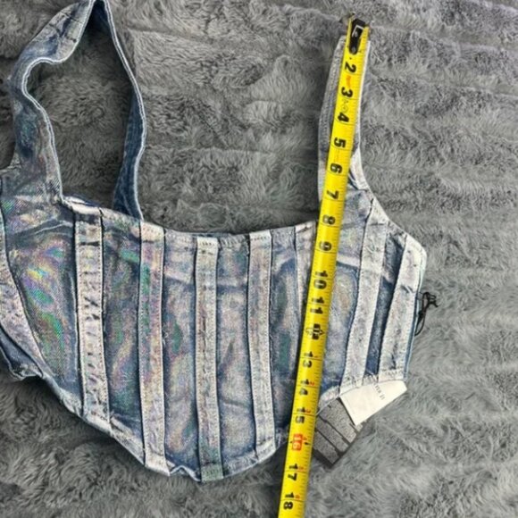 NWT Forever 21 Women's Denim Curved-Hem Top Metallic Stripes Bustier Size M - Picture 7 of 9